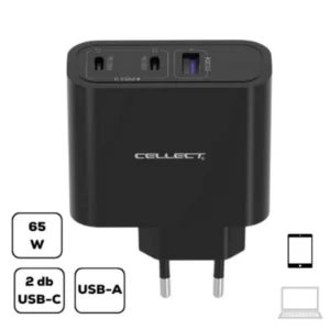 Hálózati gyorstöltő adapter 65W, 3 portos USB-C+USB-A, Fekete