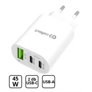 Hálózati gyorstöltő adapter 45W, PD/Type-C 2x, Fehér