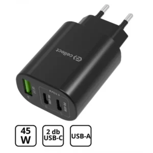 Hálózati gyorstöltő adapter 45W, PD/Type-C 2x, USB-A QC3, Fekete