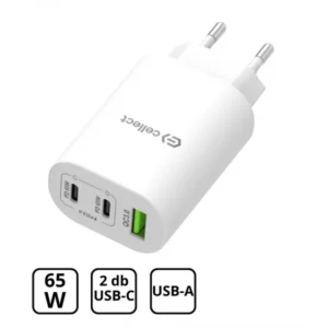 Hálózati gyorstöltő adapter 65W, USB-A és 2x USB-C kimenet, Fehér