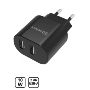 Hálózati töltő adapter 2 USB csatlakozóval 10W, kompakt, Fekete