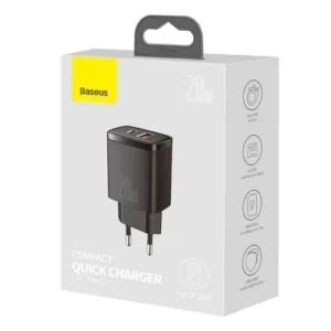 Baseus Travel Charger töltő Compact Quick Charger U+C 20W EU, USB-C + USB-A, Fekete (CCXJ-B01)